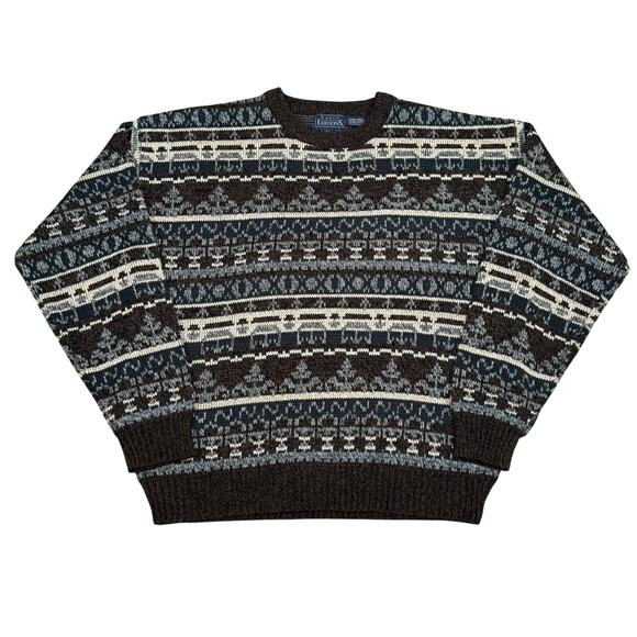 Vintage Fair Isle Knit Sweater Brown Geometric Pattern XL Basic Editions - Picture 1 of 7